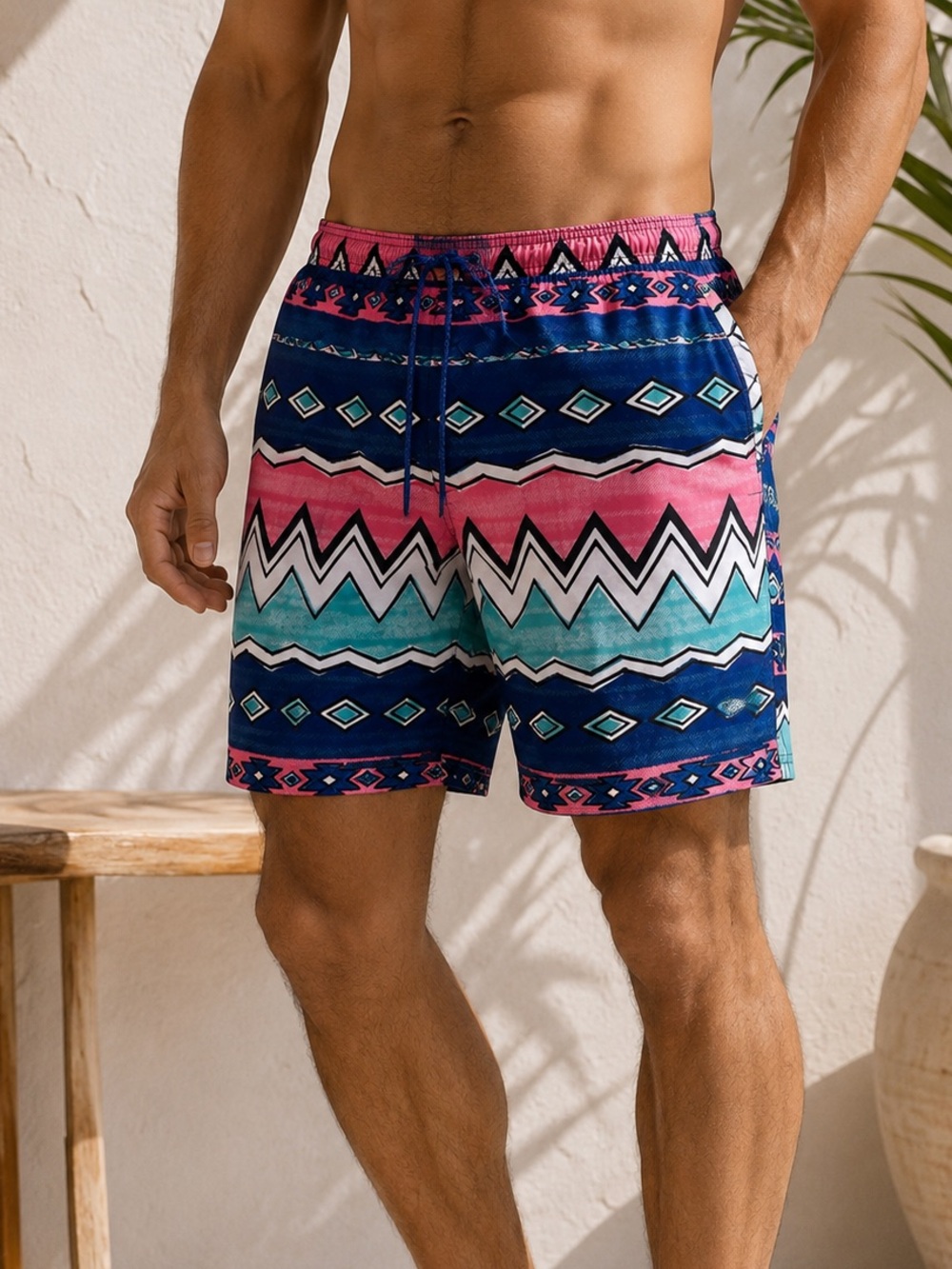 NWT Men’s Swim Trunks LG 36-38 Blue Pink Aztec Print Mesh Lined No Boundaries